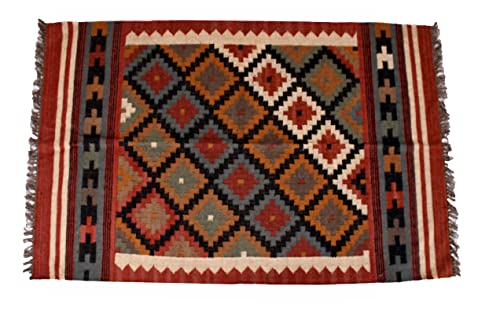 iinfinize Alfombra de lana de yute indio para el suelo, alfombra turca Kilim, alfombra vintage tejida a mano Kaleen diseño tradicional de la sala de estar Dhurrie (4 x 6 pies)