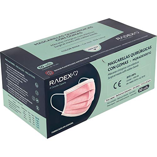 RADEX 85005053. Caja de 50 Mascarillas Quirúrgicas Tipo IIR con Gomas, Rosa, Fabricado en España, Tres Capas, Material Hipo Alergénicos, Resistente a Salpicaduras